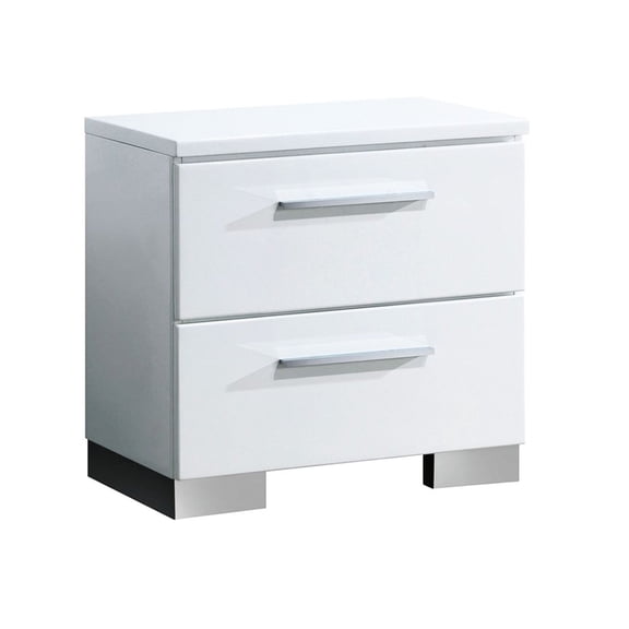 2 - Drawer Nightstand with Glossy Finish | Bedroom Use for Small Item Storage | Chrome Feet and Handles | Resolves Lack of Bedroom Storage