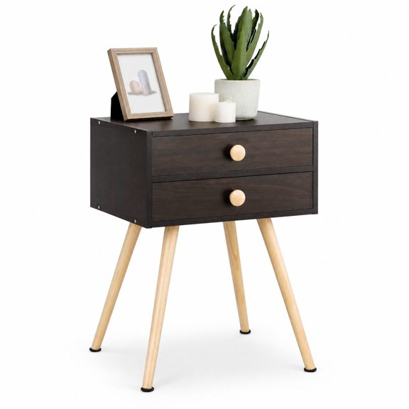 2-Drawer Nightstand with Solid Wood Legs, Espresso - Mid Century Modern Sofa Side End Table for Living Room, Bedroom Small Space