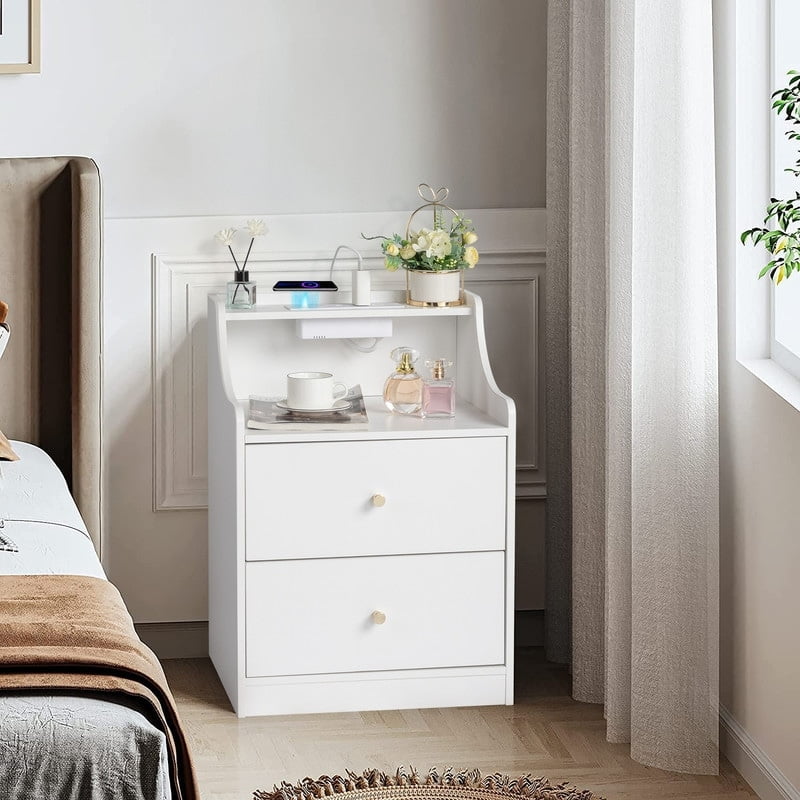 White 2-Drawer Nightstand with USB and Wireless Charger