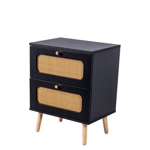 2-Drawer Rattan Nightstand End Table Bed Side Table for Bedroom Living Room Rattan Decorated Black