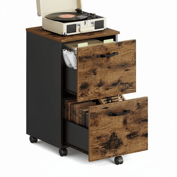 2-Drawer Rolling File Cabinet, Compact Mobile Filing Cabinet for Home Office & Printer Stand, Fits A4/Letter-Size Documents, 15.7x16.5x27.6 Inch, Rustic Brown & Ink Black, Steel/Plastic/Particleboard