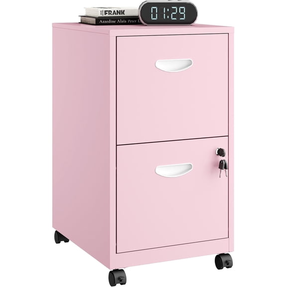 2 Drawer Rolling File Cabinet on Wheels, Mobile Two Drawer Filing Cabinet with Lock, Small Files Cabinets for Under Desk, Metal Filing Cabinets for Letter Size Folders, Pink - Assembly Required
