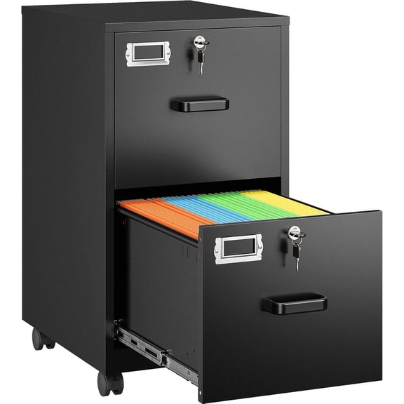 2-Drawer Rolling File Cabinet with Lock, Metal Construction, Fits Letter/Legal/A4 Files, Under-Desk Office Storage