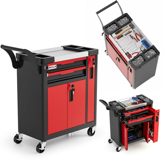 2-Drawer Rolling Tool Chest with Lock, Large Mobile Tool Cart & Cabinet for Garage Workshop Storage, Heavy-Duty Red
