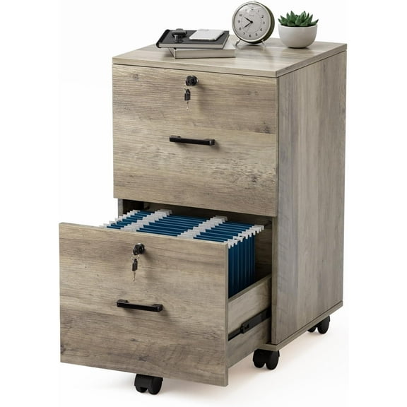2-Drawer Rustic Gray Rolling File Cabinet with Lock, Wooden Mobile Printer Stand