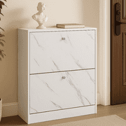 Dowellia 2 Drawer Shoe Cabinet,Wooden Shoes Organizer Cupboard Unit Hallway Furniture,freestanding Entryway 2 tier Modern Shoe Rack Cabinet Footwear Stand for Shoes (Marble White)