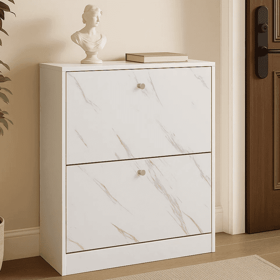 Dowellia 2 Drawer Shoe Cabinet,Wooden Shoes Organizer Cupboard Unit Hallway Furniture,freestanding Entryway 2 tier Modern Shoe Rack Cabinet Footwear Stand for Shoes (Marble White)