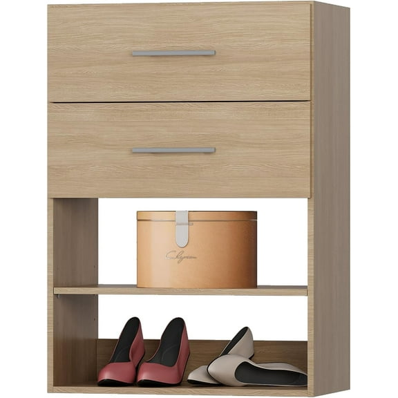 2 Drawer Short Tower Closet Unit, Modular Closet System, Wood Closet System Organizer with Storage for Walk In Closets, Clothing Rack Closet for Hanging Clothes, Bedroom, Wood, 25.5"W