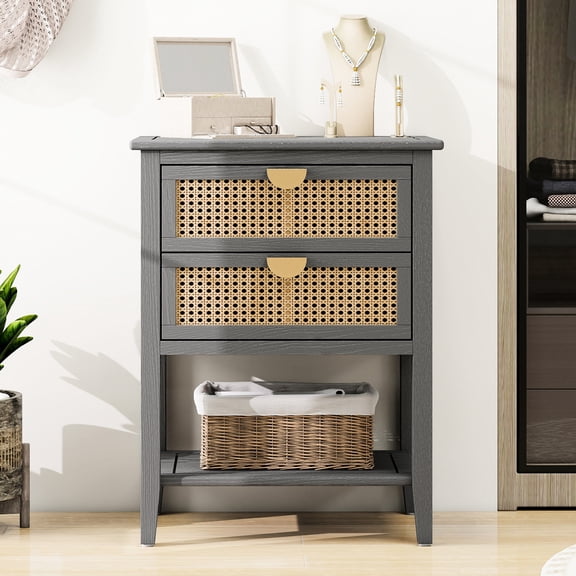 2 Drawer Side Table Made of Natural Rattan for Bedroom Living Room and Study Features Soft-Touch Metal Handle and Good Drawer Stability