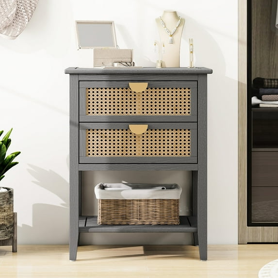 2 Drawer Side Table | Used in Bedroom, Living Room, Study with 80 lbs Load | Natural Rattan Skin and Metal Handle | Moth - Proof, Air - permeable and Anti - Slip