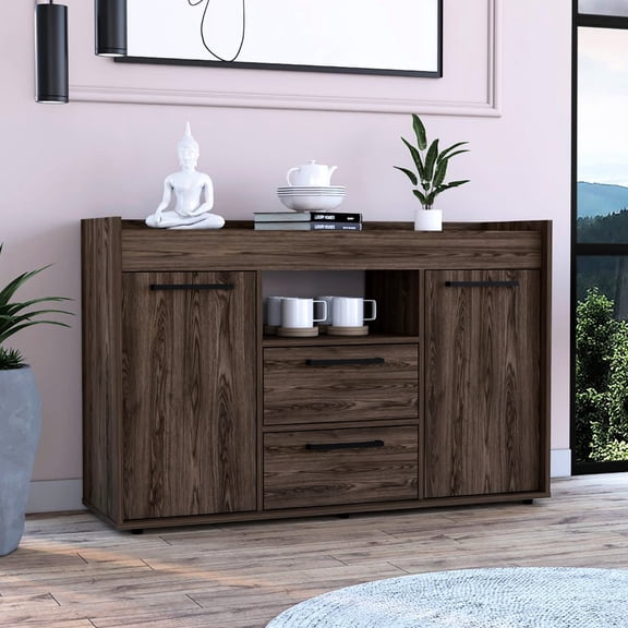 2-Drawer Sideboard in Dark Walnut Hue / Offers Storage and Display for Home Decor