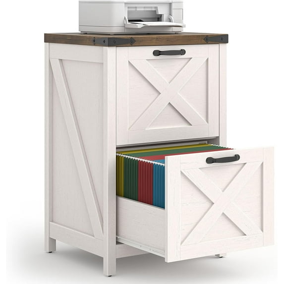 2 Drawer Small File Cabinet, Farmhouse Vertical Filing Cabinet Fits Letter and A4 Size, Under Desk Wooden File Cabinets for Home Office, Printer Stand, Rustic White