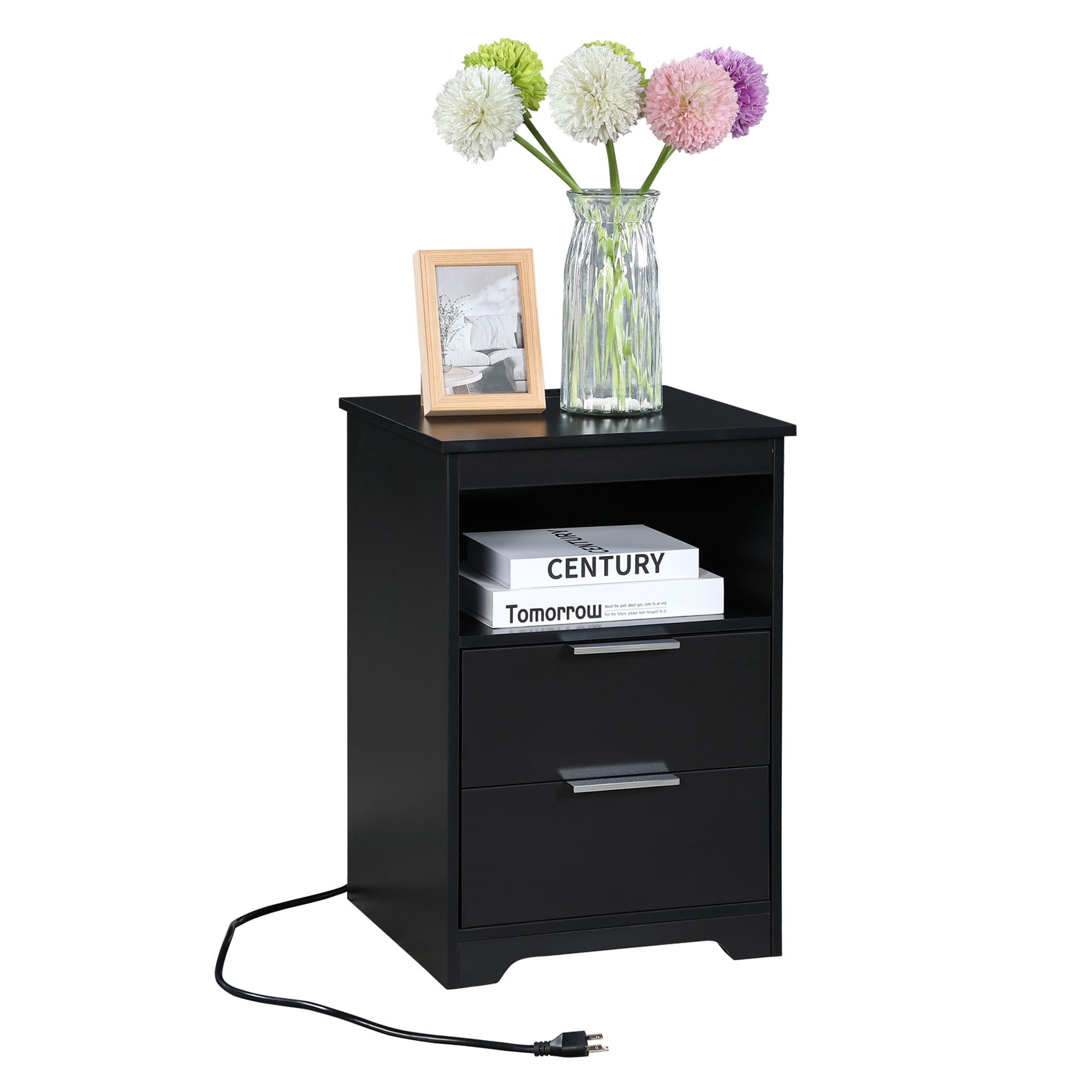 2 Drawer Small Nightstand with Charging Station,Wooden End Table with Drawer and Opening Shelf,Side Table for Bedroom Living Room Dorm Office,Black