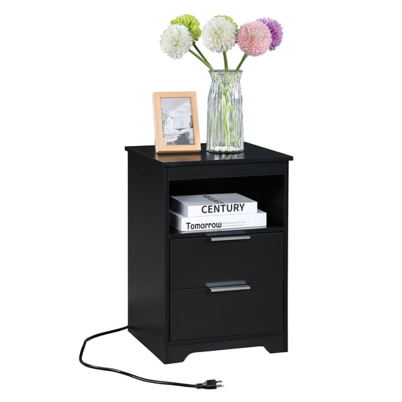 2 Drawer Small Nightstand with Charging Station,Wooden End Table with Drawer and Opening Shelf,Side Table for Bedroom Living Room Dorm Office,Black