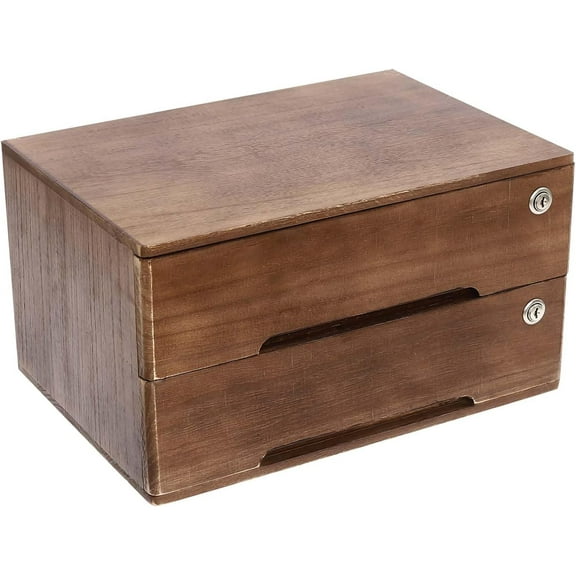 2 Drawer Small Vintage Style Wooden Storage Organizer with Lock for Accessories - Rustic Decorative Box for Office, Desktop Countertop and Incense Storage
