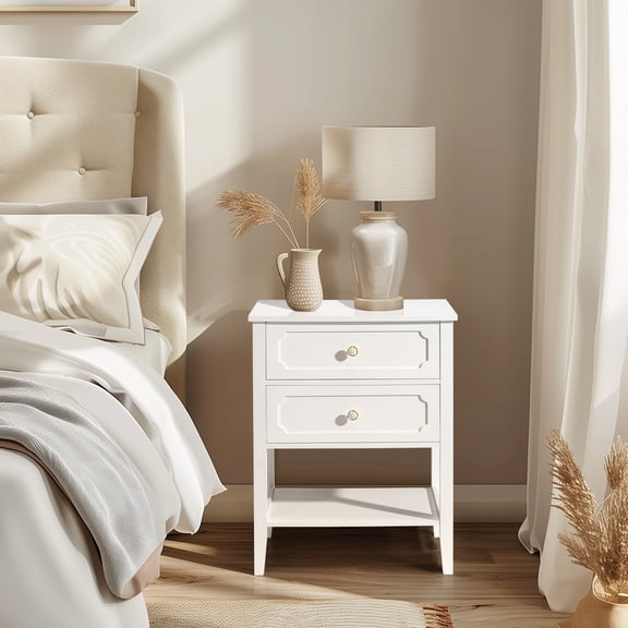 2 Drawer Solid Pine Wood Nightstand with Storage Shelf, Rustic Style Slatted Frame, White Bedside Table for Bedroom Guest Room