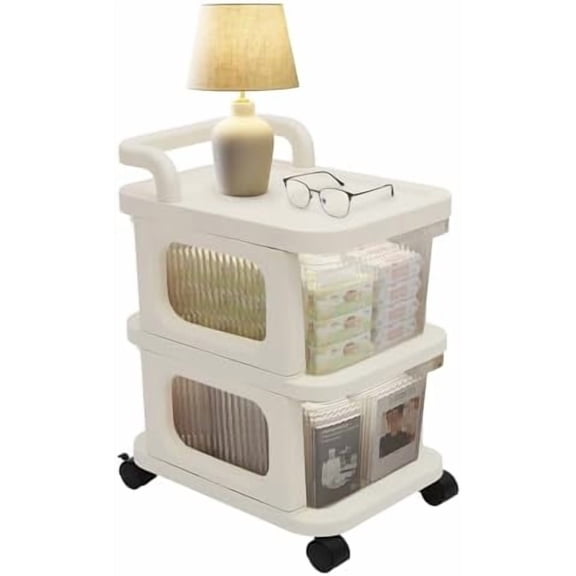 2 Drawer Storage Cart, 11.8"D x 14.9"W x 19"H Plastic Rolling Cart with Caster Wheels to Organize Clothes in Bedroom Closet, Storage Organizer for Home Office, White with Clear Drawers$$Office