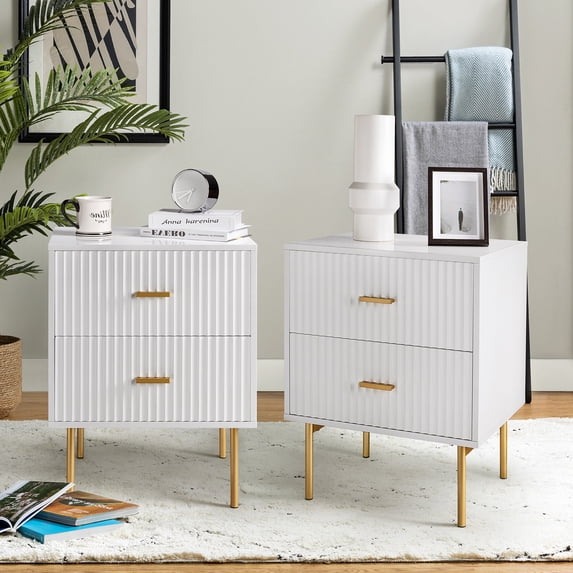 2 Drawer Storage End Table Set of 2 Chest Cabinet Table Metal Legs for Home White
