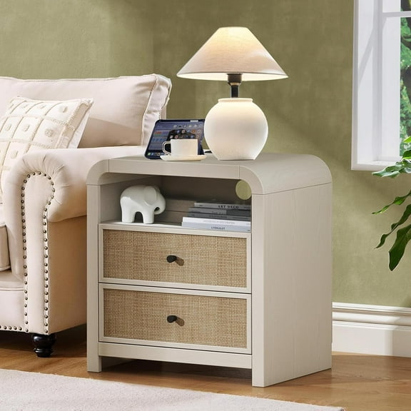 2 Drawer Tall Dresser for Bedroom, 23.6'' Rattan Dresser with Ample Storage, Boho Chest of Drawers, Thickened Curved Profile Design, Oak Dressers for Bedroom, Living Room