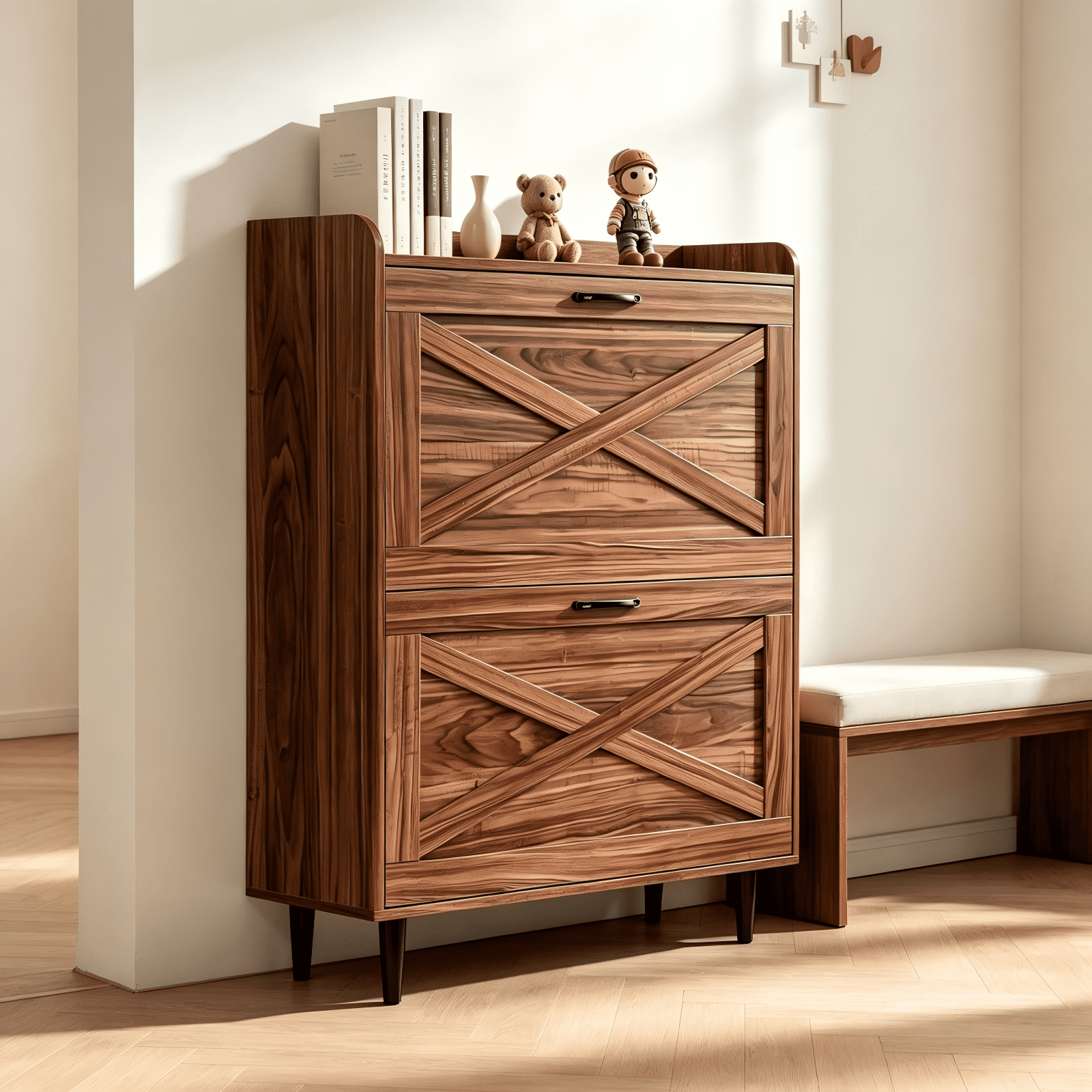 2-Drawer Top Enclosure Barn Door Shoe Cabinet Melamine Board Embossed MDF Shoe Cabinet, 31.61*9.45*39.37in, Walnut