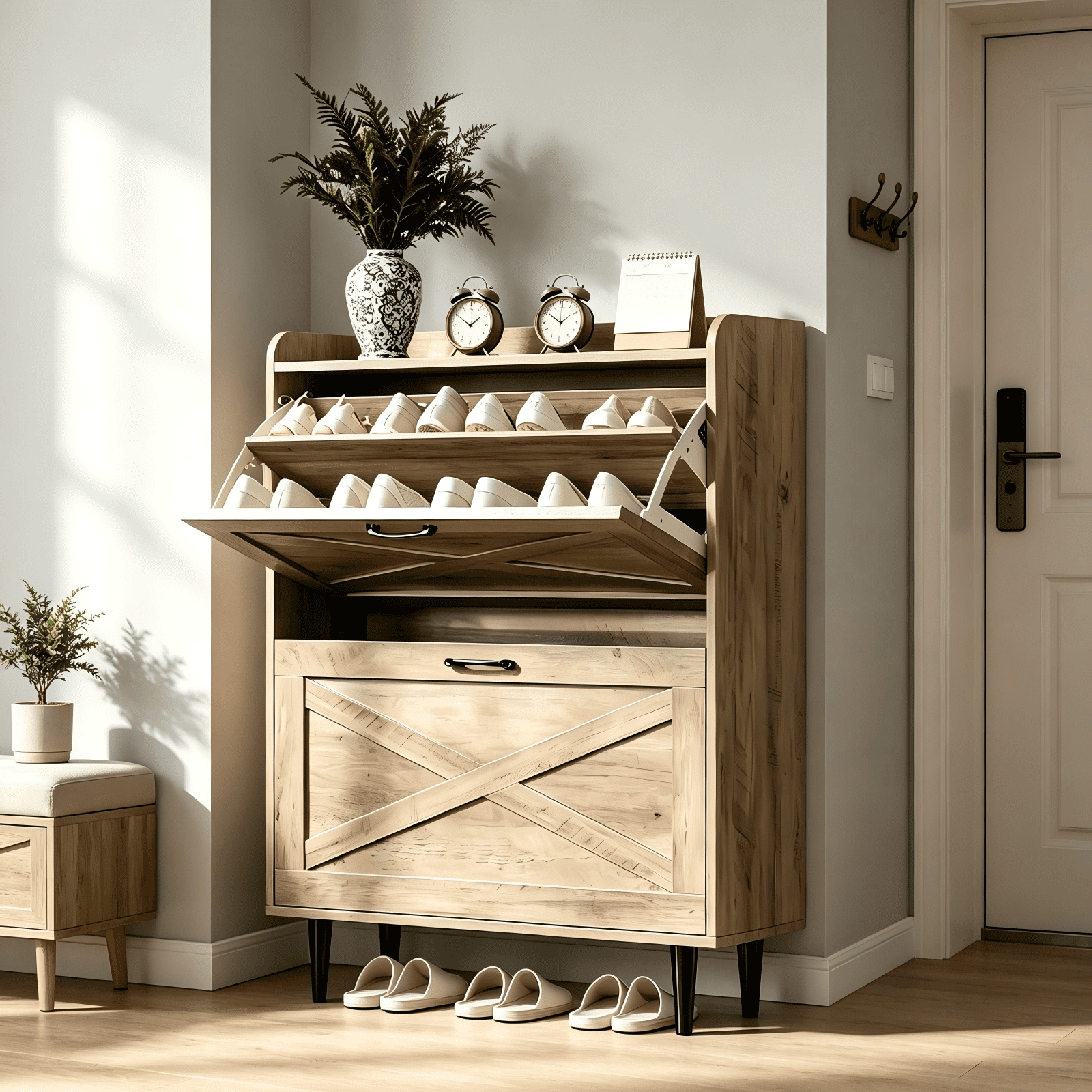2-Drawer Top-Mounted Barn Door Shoe Cabinet, Embossed MDF, Washed Ash, 31.61 x 9.45 x 39.37 in