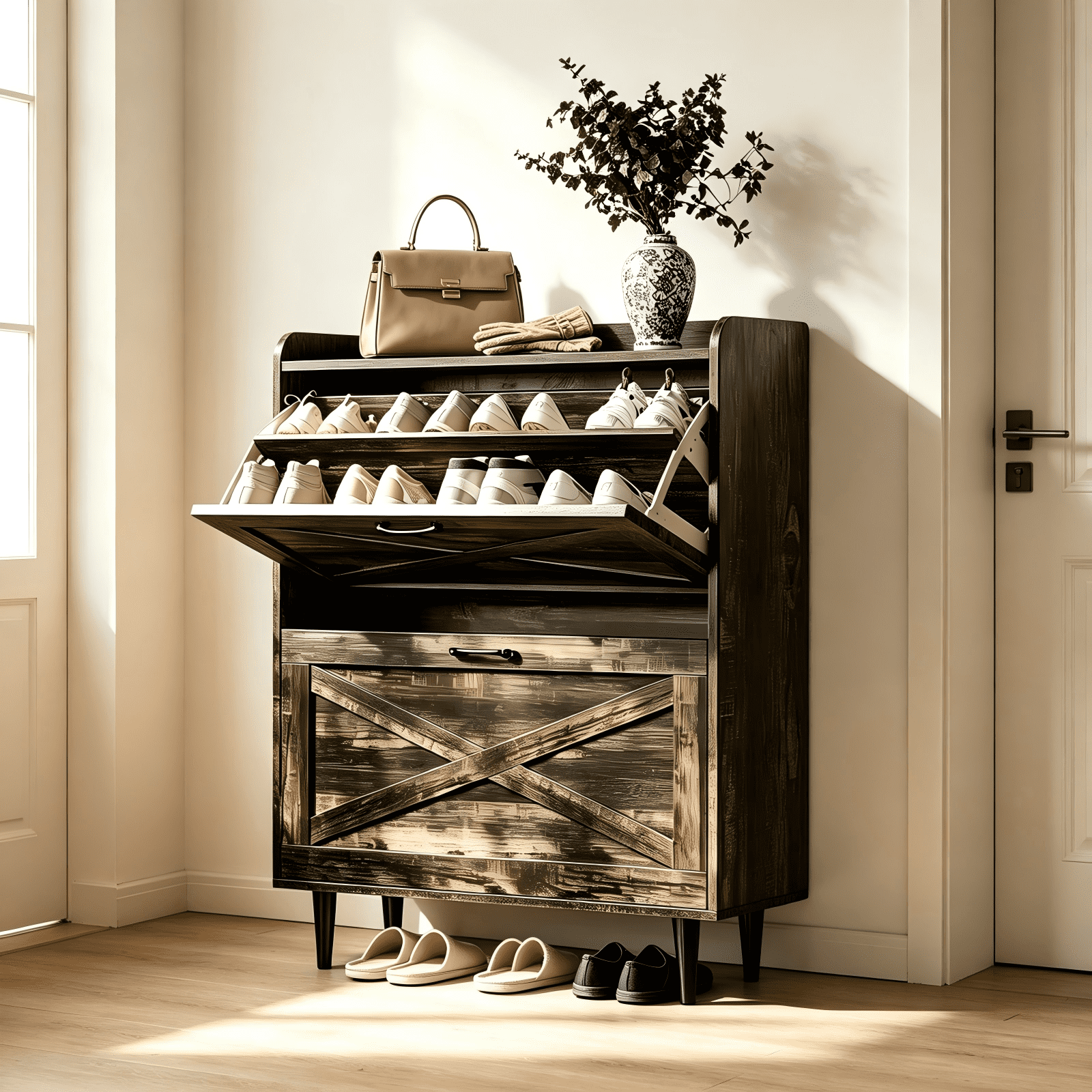 2-Drawer Top-Mounted Barn Door Shoe Cabinet, Melamine Board Embossed MDF, Black Oak, 31.61 x 9.45 x 39.37 in