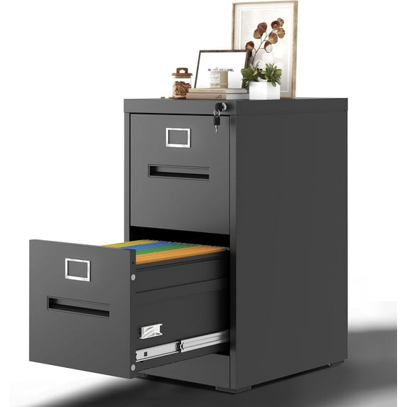 2 Drawer Vertical File Cabinet Home Office Metal Filing Cabinet, D17.7 Locking File Cabinets with Keys, Anti-Tilt Design, Steel Drawer Cabinet for A4/Legal/Letter,Need Assemble (Black)