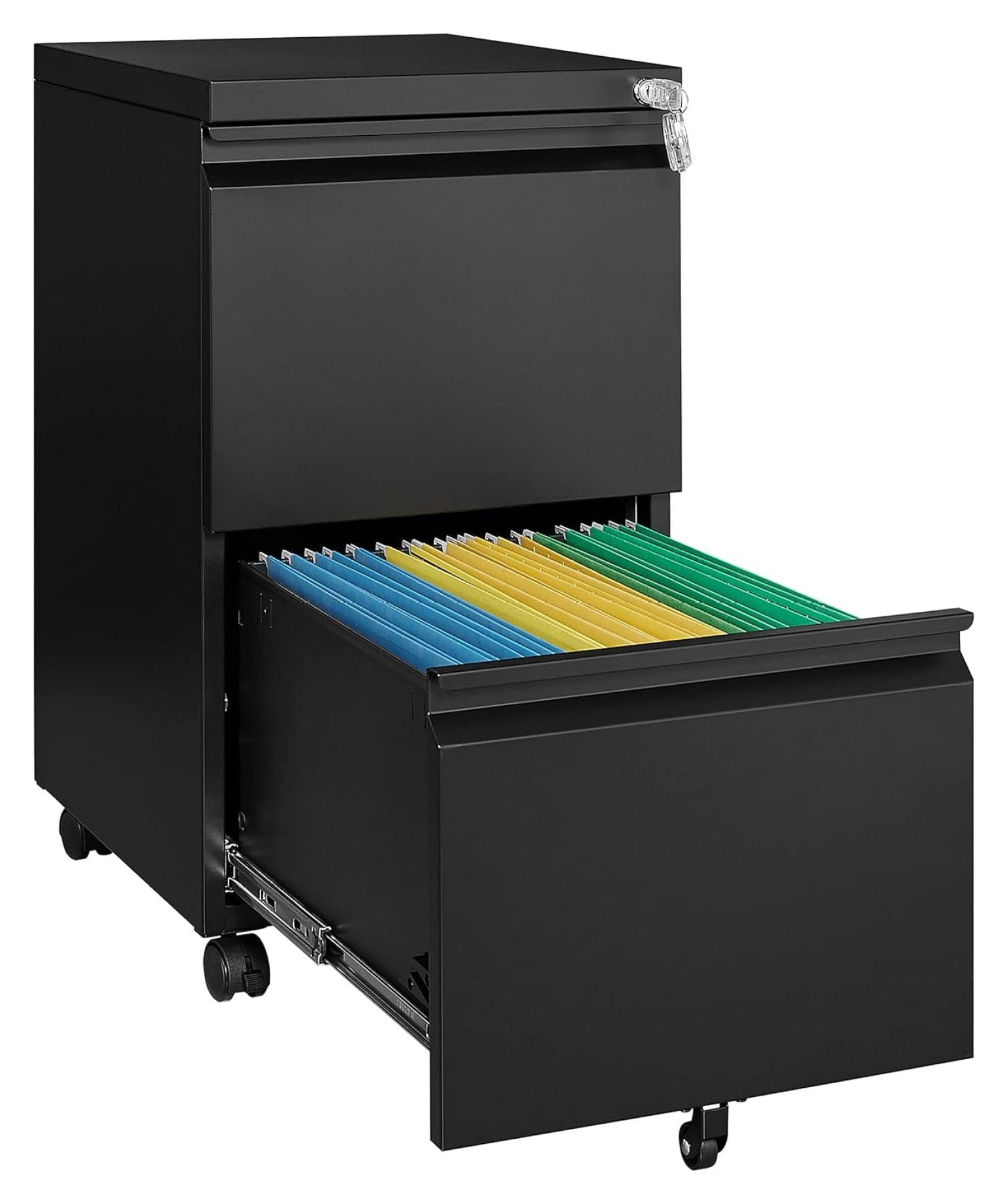 Black Metal 2-Drawer Mobile File Cabinet with Lock