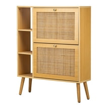 2-Drawer Wood and Rattan Shoe Cabinet Exotic Boho Entryway