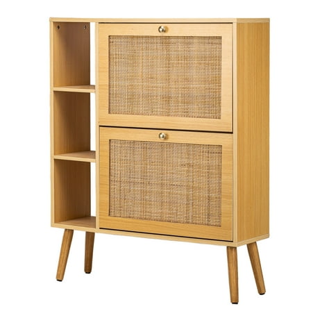 2-Drawer Wood and Rattan Shoe Cabinet Exotic Boho Entryway