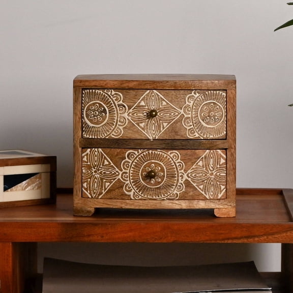 2 Drawer Wooden Storage Chest, Mango Wood Decorative Organizer with Hand Carved Design, Rustic Farmhouse Tabletop Cabinet for Jewelry, Accessories & Home Dcor