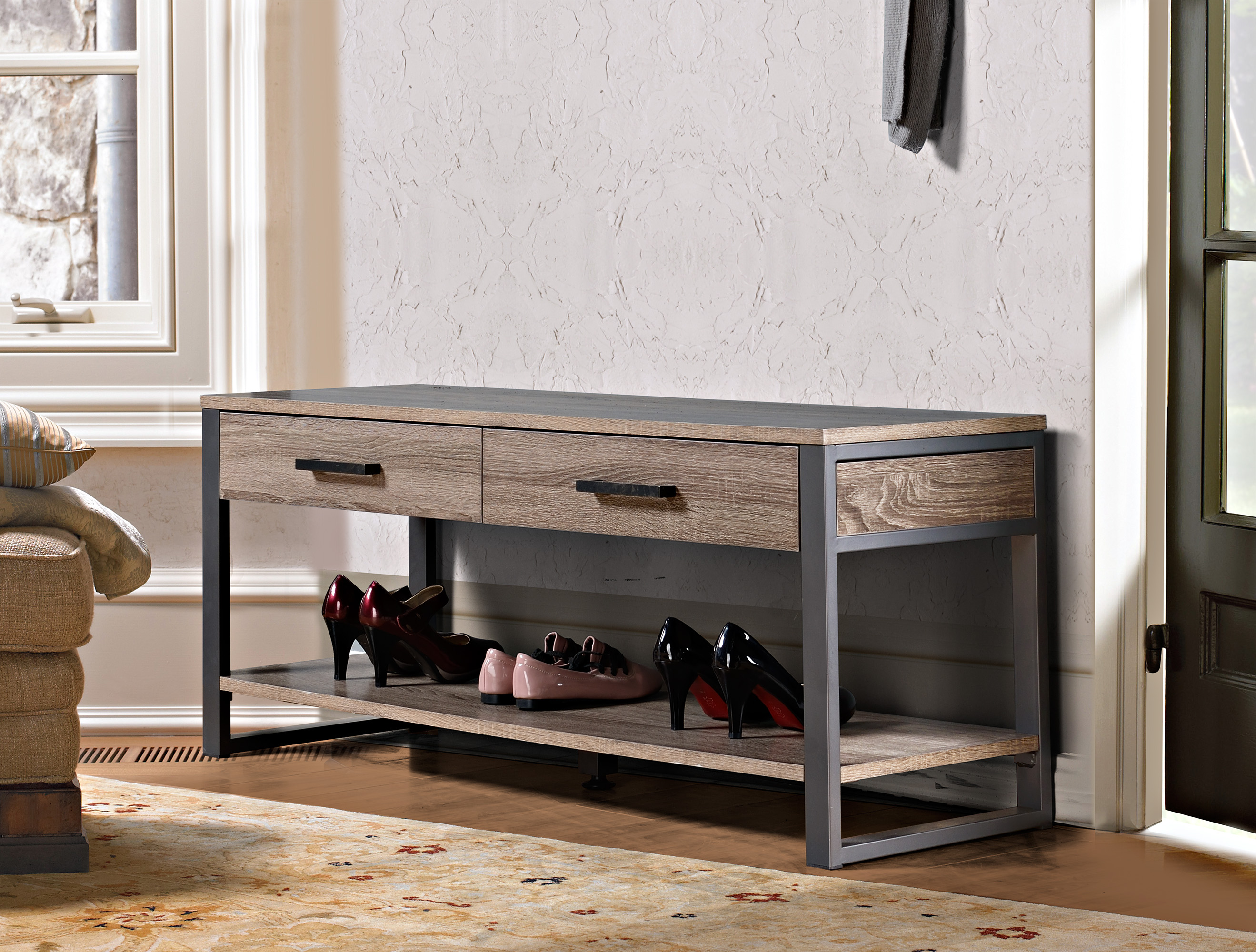 2 Drawer metal and wood storage bench