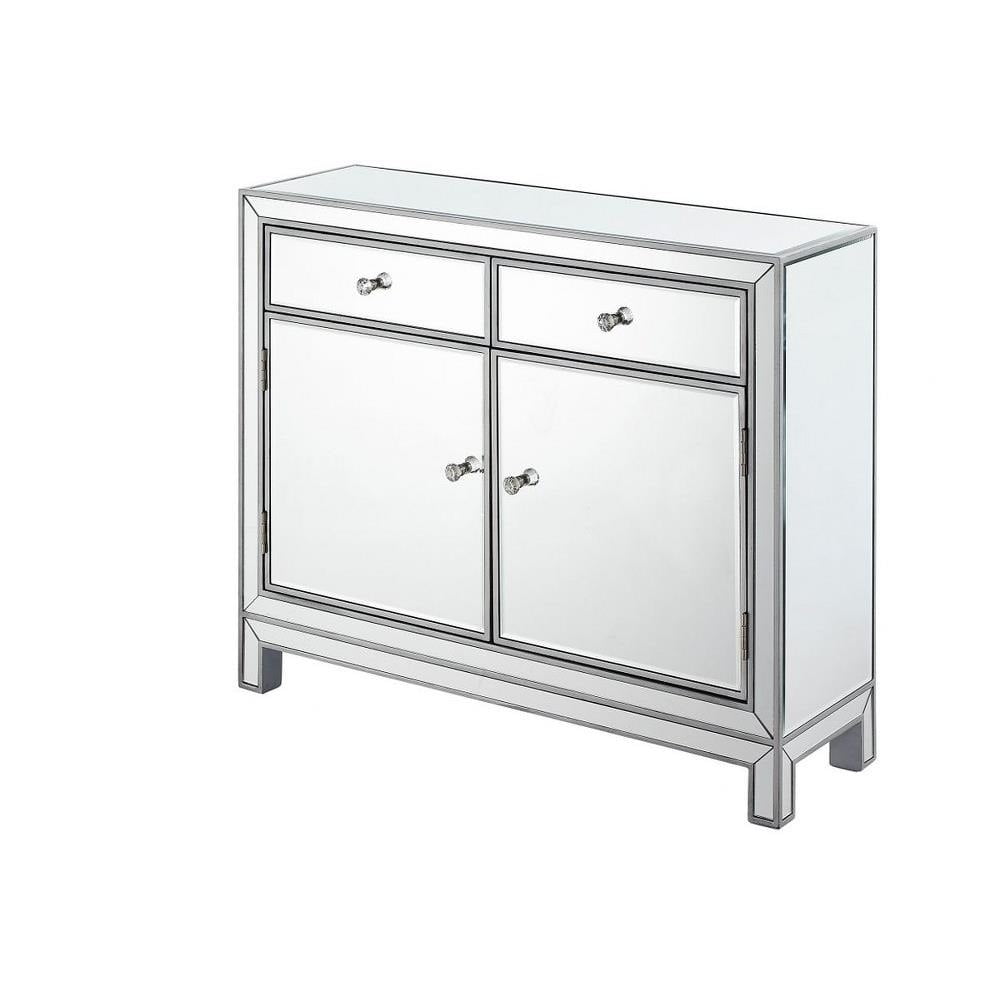 Contemporary 2-Drawer Antique Silver Mirror Nightstand with Crystal Knobs - 38x12x32