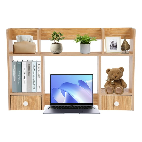 2 Drawers Desktop Storage Shelf Rack Office&Home Desk Hutch Books Display Shelf Rack Desk Shelf Desk Storage Organizer Bookshelf Wood Desk for Computer Desk - Rubber Wood Color