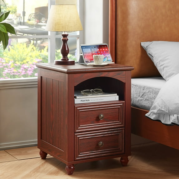 2 Drawers Farmhouse Nightstand with Charging Station, Rustic Bedside Table with Drawers for Bedroom, Vintage End Table with Open Shelf for Living Room, Red Oak