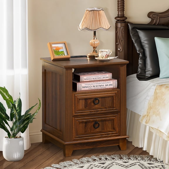 2 Drawers Farmhouse Nightstand with Charging Station, Rustic Bedside Tbale with Drawers for Bedroom, Vintage End Table with Open Shelf for Living Room, Brown