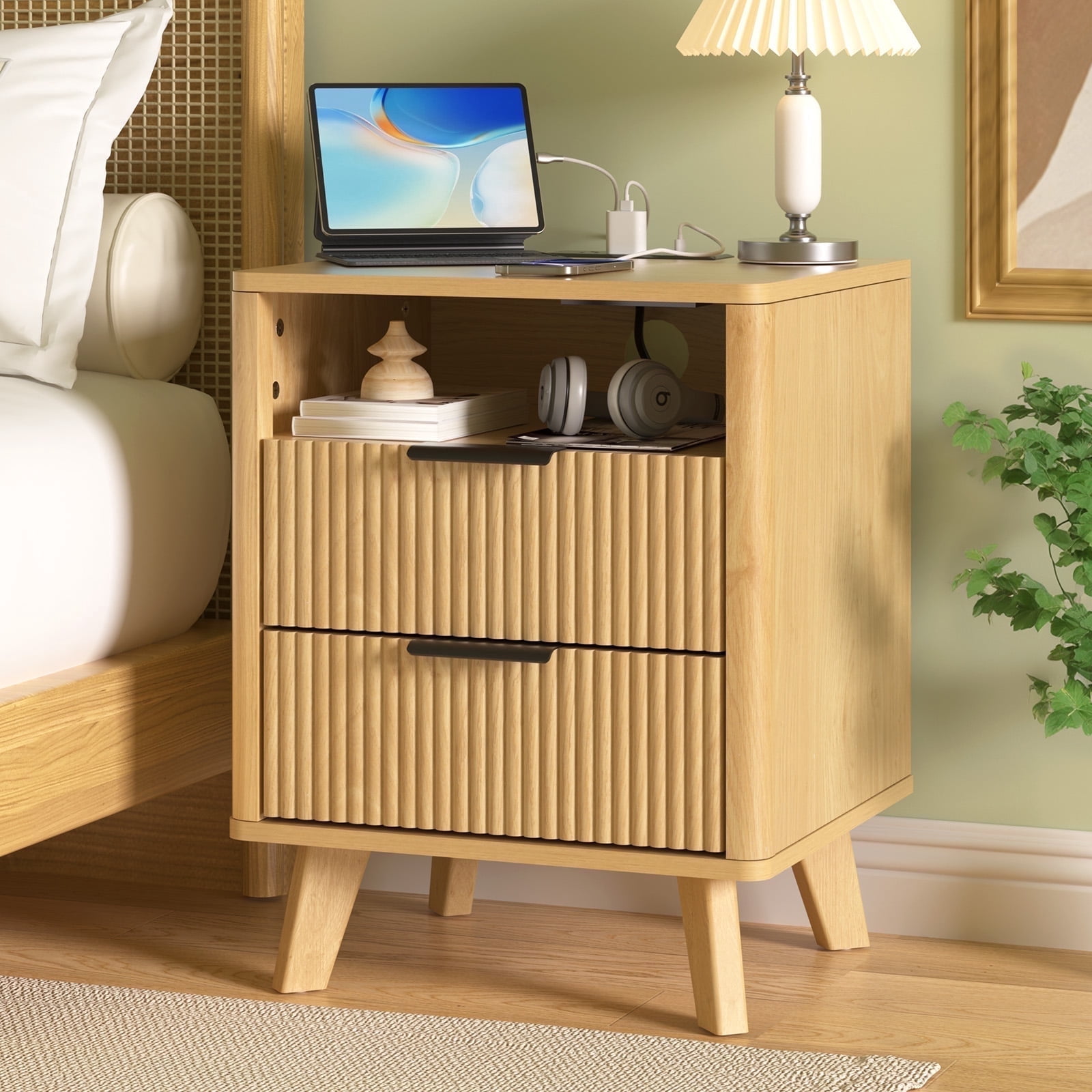 Hommpa 2 Drawers Fluted Nightstand with Charging Station, Modern Bedside Table End Side Table with Solid Legs for Bedroom Furniture Living Room Sofa, Night Stand with Storage Drawers and Open Shelf