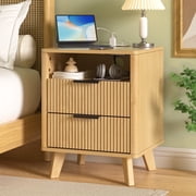 Hommpa 2 Drawers Fluted Nightstand with Charging Station, Modern Bedside Table End Side Table with Solid Legs for Bedroom Furniture Living Room Sofa, Night Stan