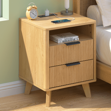 Hommpa 2 Drawers Fluted Nightstand with Charging Station, Modern Bedside Table End Side Table with Solid Legs for Bedroom Furniture Living Room Sofa, Night Stand with Storage Drawers and Open Shelf