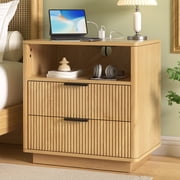 Hommpa Fluted Nightstand, 2 Drawers Bed Side Table with Charging Station, Modern End Side Table for Bedroom Furniture Living Room Sofa, Night Stand with Storage Drawers and Open Shelf