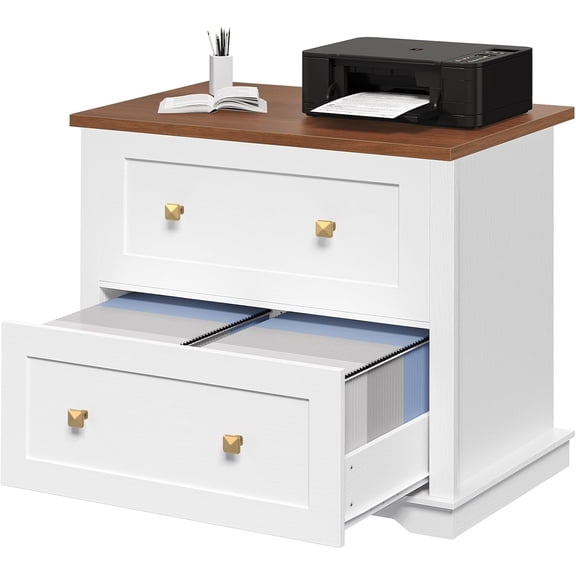 2 Drawers Lateral File Cabinet, Farmhouse Wooden Filing Printer Stand for Home Office, Office Storage Cabinet A4/Letter-Size Hanging Files,White and Walnut FCBA8001