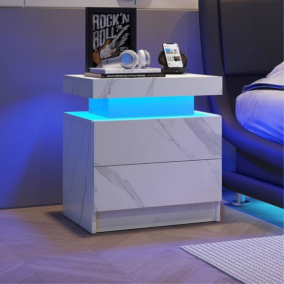 2 Drawers Led Nightstand For Bedroom - Bright Lights & Large Storage (matte White Table Stylish Lighting