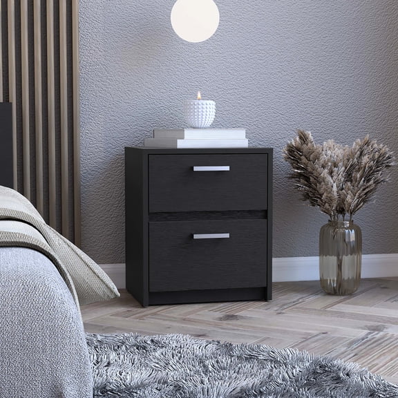 2 Drawers Nightstand - . Black Modern Side Table For Bedroom. Compact With Metal Handles Drawers. Bedroom Table. Exquisite Handles.