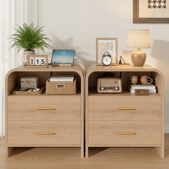 2 Drawers Nightstand Set of 2, Mid Century Modern Bedside Tables With Charging Station, 23.6'' Wide Wood End Table For Bedroom, Curved Profile Design, Light Oak