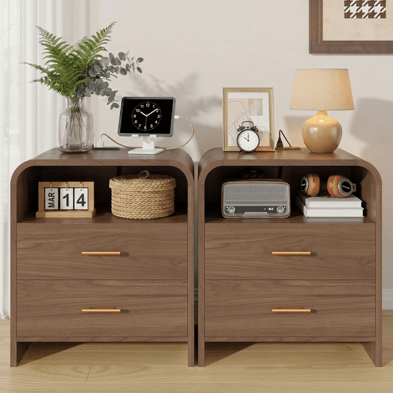 2 Drawers Nightstand Set of 2, Mid Century Modern Bedside Tables With Charging Station, 23.6'' Wide Wood End Table For Bedroom, Curved Profile Design, Walnut