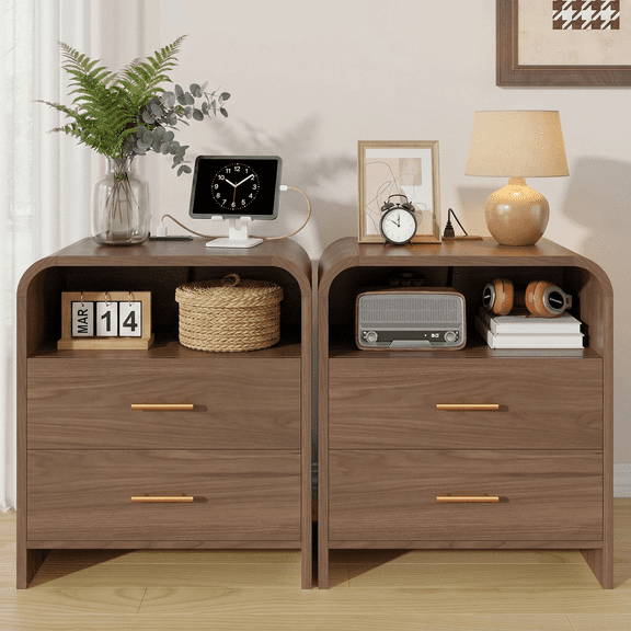 2 Drawers Nightstand Set of 2, Mid Century Modern Bedside Tables With Charging Station, 23.6'' Wide Wood End Table For Bedroom, Curved Profile Design, Walnut