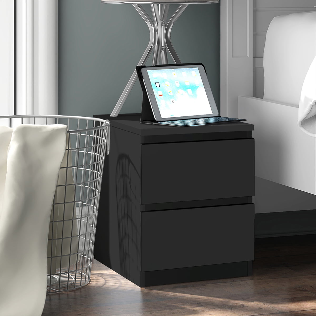 2 Drawers Nightstand for Bedroom, Bedside End Table Organizer, Wooden Black Finish