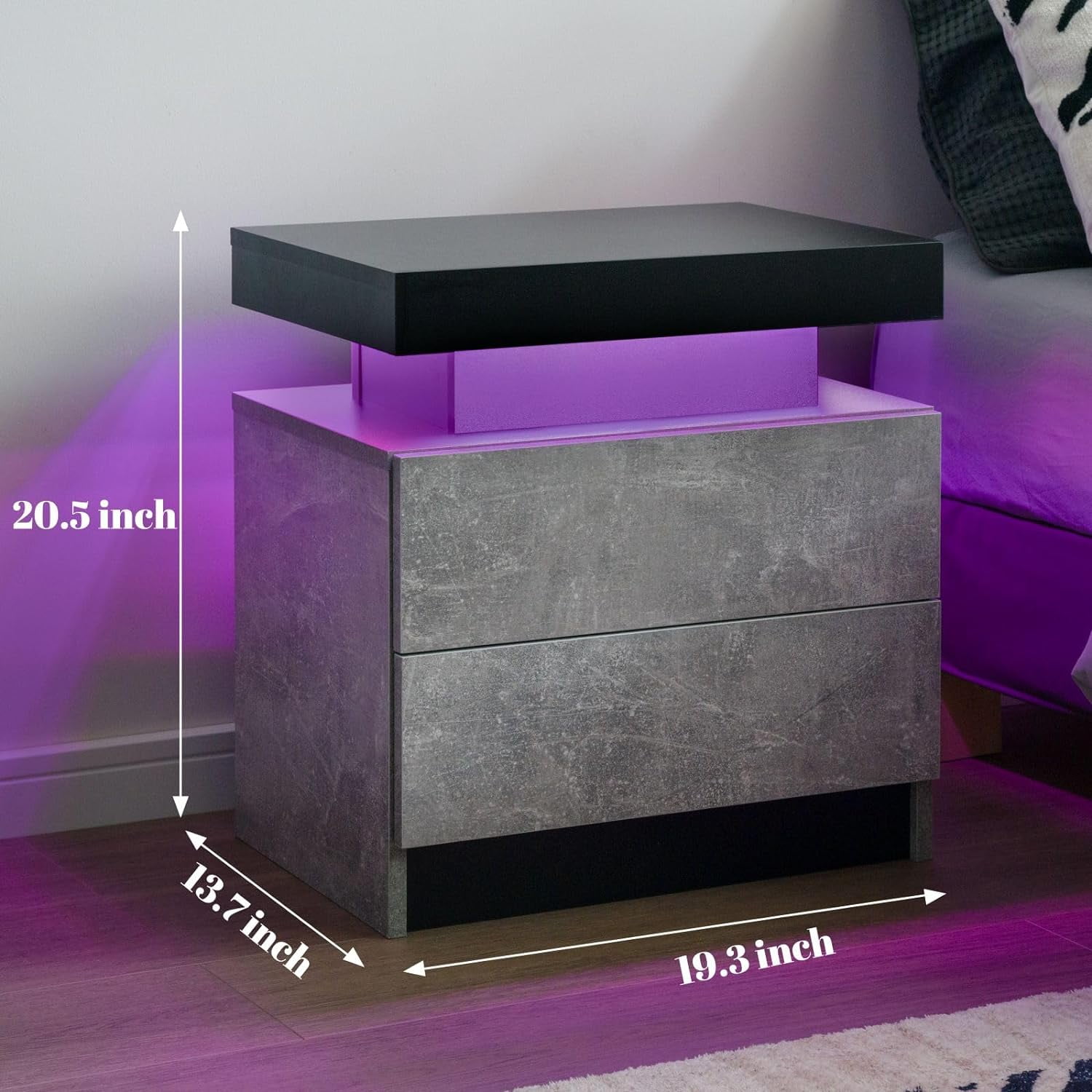 2 Drawers Nightstand with LED Bedside Table LED Cabinet LED Lights ...