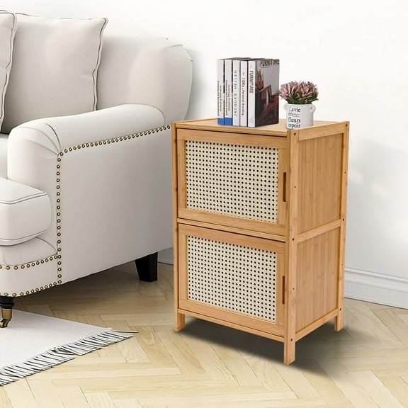 2-Drawers Rattan Nightstand Bedside Table Sideboard End Table for Living Room Bedroom, Cloakroom