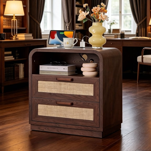 2 Drawers Rattan Nightstand, Boho Bedside Table Large Night Table with Charging Station, Farmhouse End Side Table for Bedroom, Living Room, Walnut